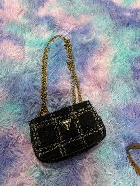 Guess Black Tweed Shoulder Bag with Gold Chain